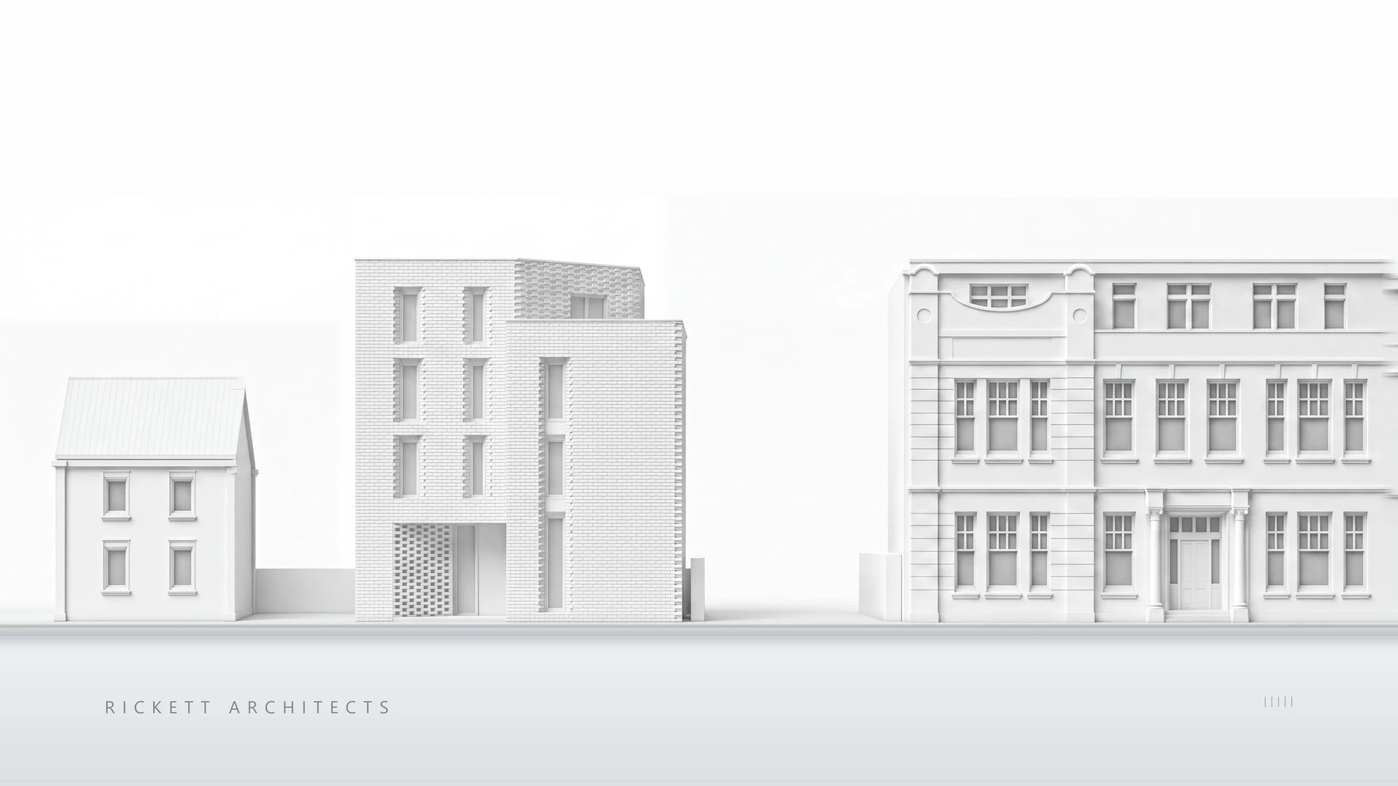 White architectural study model of the Foleshill Road street in Coventry: the new four-storey studio block designed by Rickett Architects shown in fine white relief, beside the locally listed 1906 Former Challenge Cycle Works being converted to apartments, with the existing terrace to the left