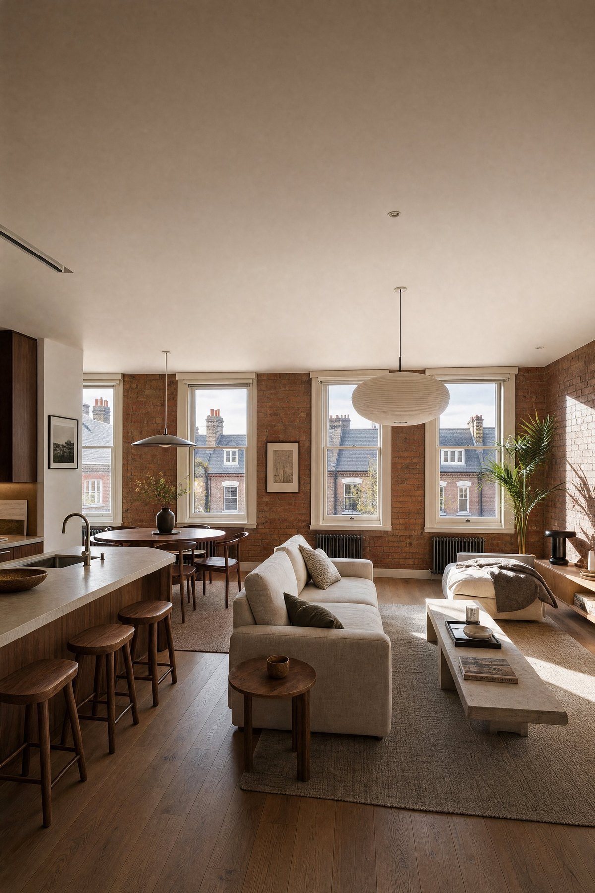 Visualisation of a converted apartment inside the 1906 works at Foleshill Road, Coventry: exposed brick walls, tall windows onto the terraced street, timber floors and an open kitchen and living space