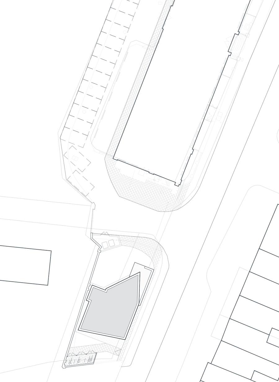 Rickett Architects consented site plan for Foleshill Road, Coventry: the locally listed 1906 works of Block B to the north with its yard, and Block A, the new ten-studio building, set into the corner plot below it, with Foleshill Road running along the eastern edge