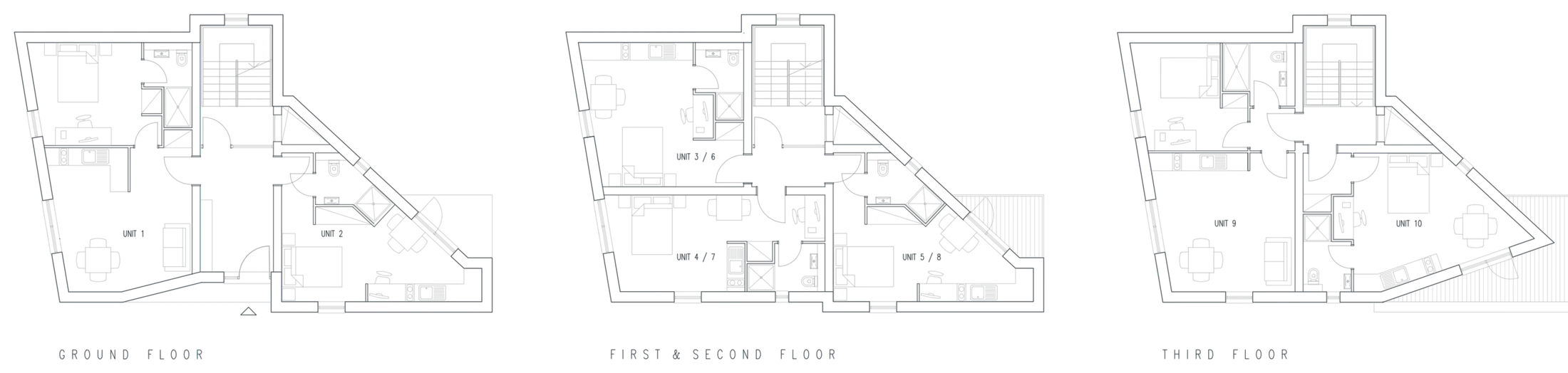 Rickett Architects Block A floor plans for Foleshill Road, Coventry: ground, first and second, and third floor plans of the ten studios, each stepping back off the angled power-cable easement line at the south-east corner