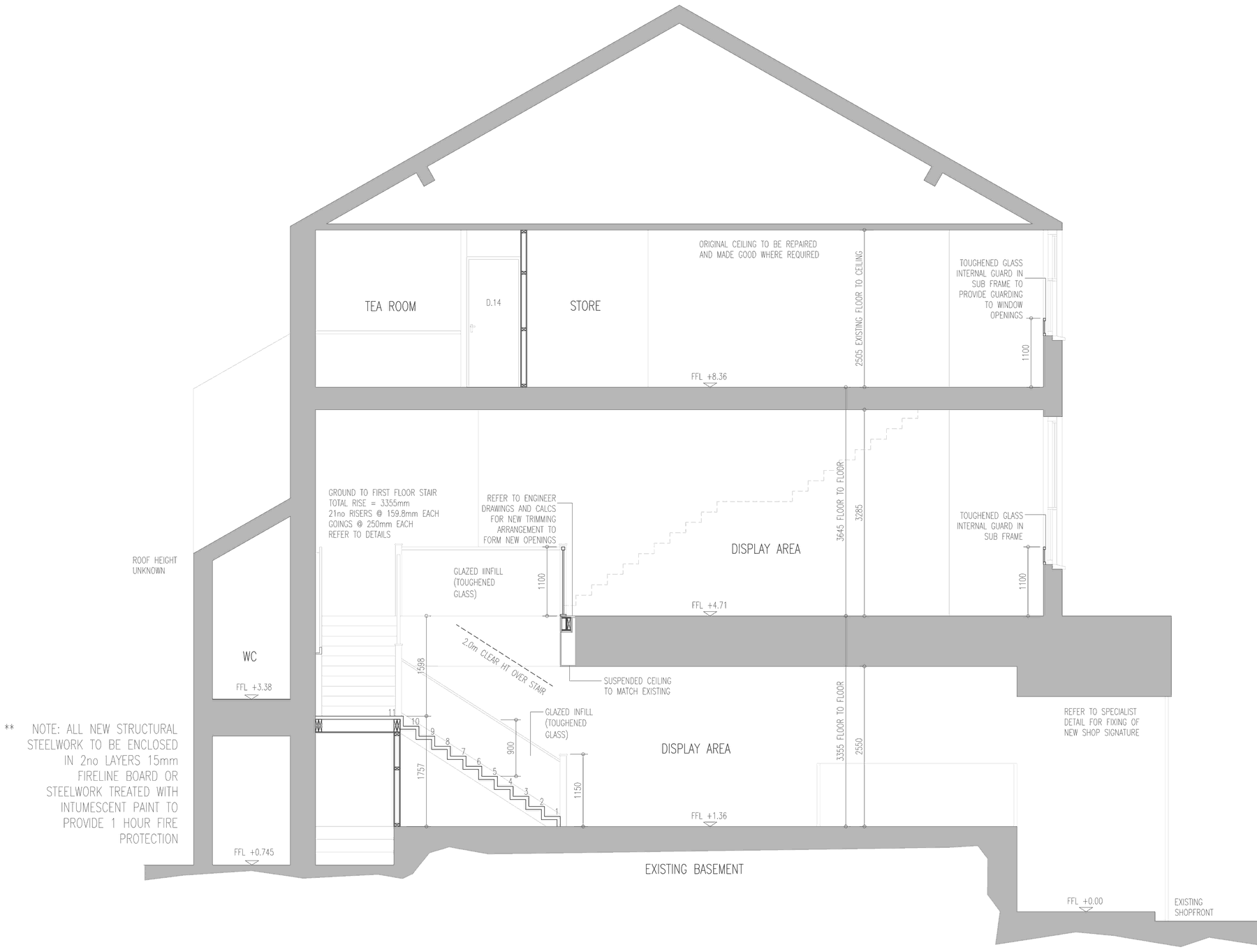 Rickett Architects section through 82A The Promenade, Cheltenham: the new staircase connecting the basement and ground sales floors to the display areas on the first floor and the tea room, store and WC on the second, annotated with the structural and fire protection notes