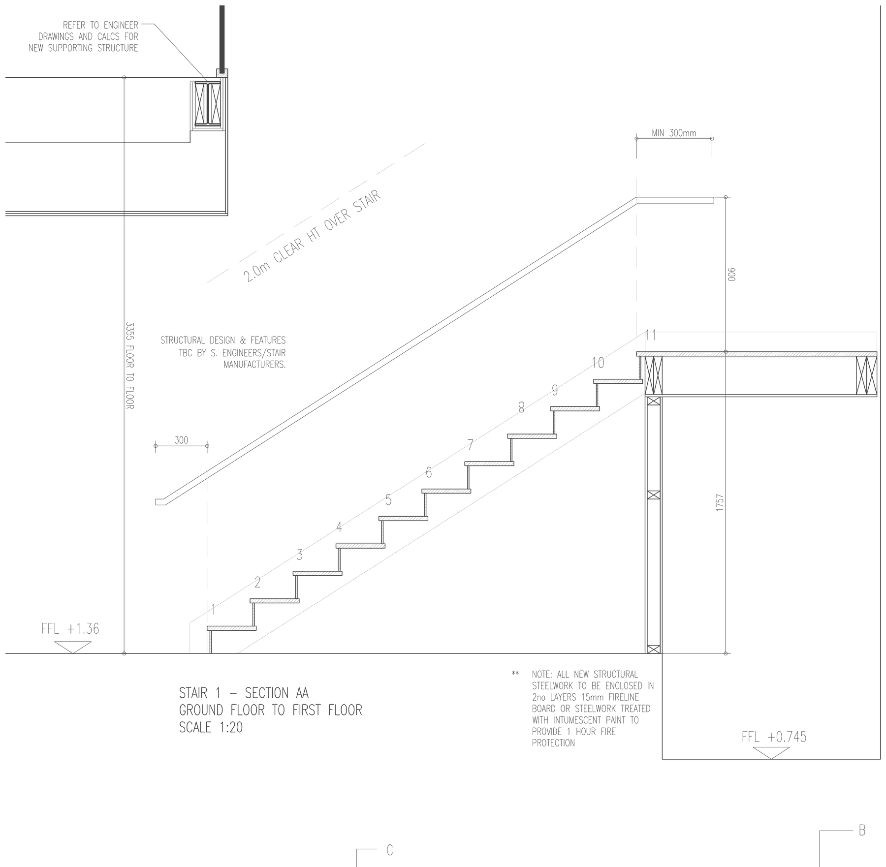 Rickett Architects construction detail, Stair 1 Section AA, from ground to first floor at 82A The Promenade: numbered timber treads and risers, the structural support beam, the 2.0 metre clear headroom over the stair, and the note requiring new steelwork to be fire protected