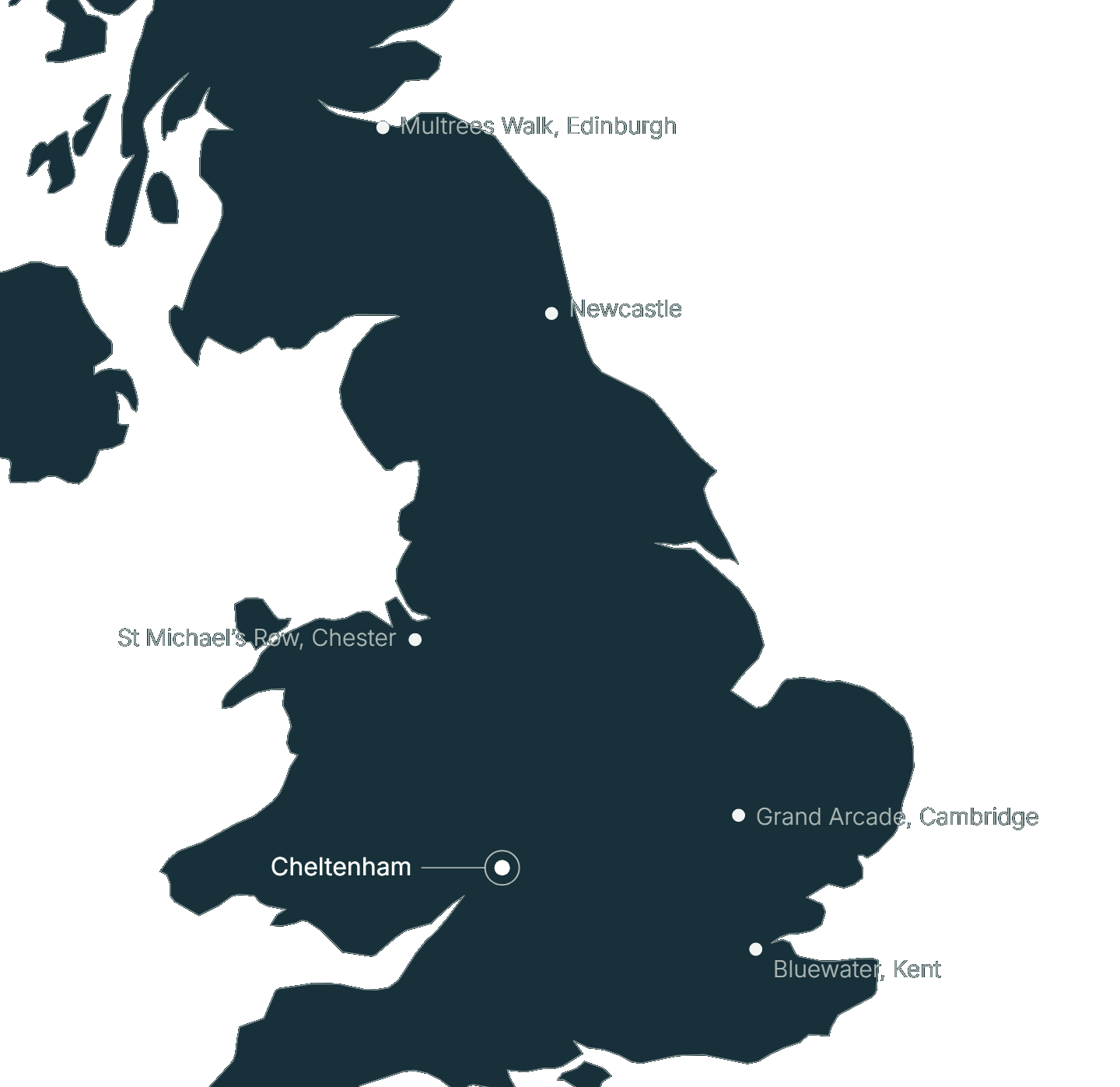 Map of Great Britain showing six Castle Fine Art galleries worked on by Rickett Architects: Multrees Walk in Edinburgh, Newcastle, St Michael's Row in Chester, Grand Arcade in Cambridge, Bluewater in Kent, and 82A The Promenade in Cheltenham, which is highlighted