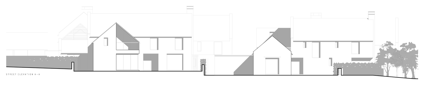 Rickett Architects proposed street elevation at Oakridge Lynch: a varied row of two-storey Cotswold stone houses with gables and chimneys, set behind stone boundary walls, with existing trees and the neighbouring houses shown in outline behind