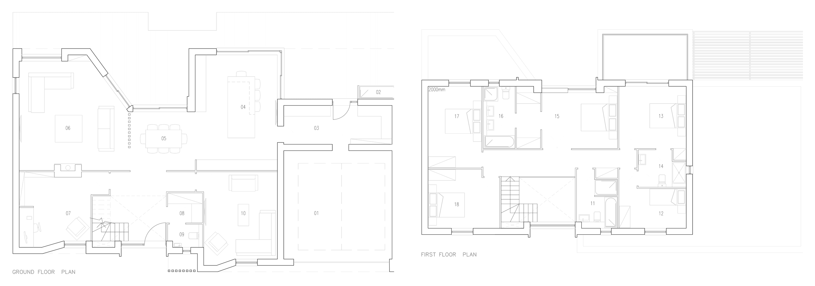 Rickett Architects proposed floor plans of the Type A1 house at Oakridge Lynch, shown side by side: the ground floor on the left with open plan kitchen and dining, a separate sitting room, hall, utility and garage; and the first floor on the right with five bedrooms, en-suites and a family bathroom