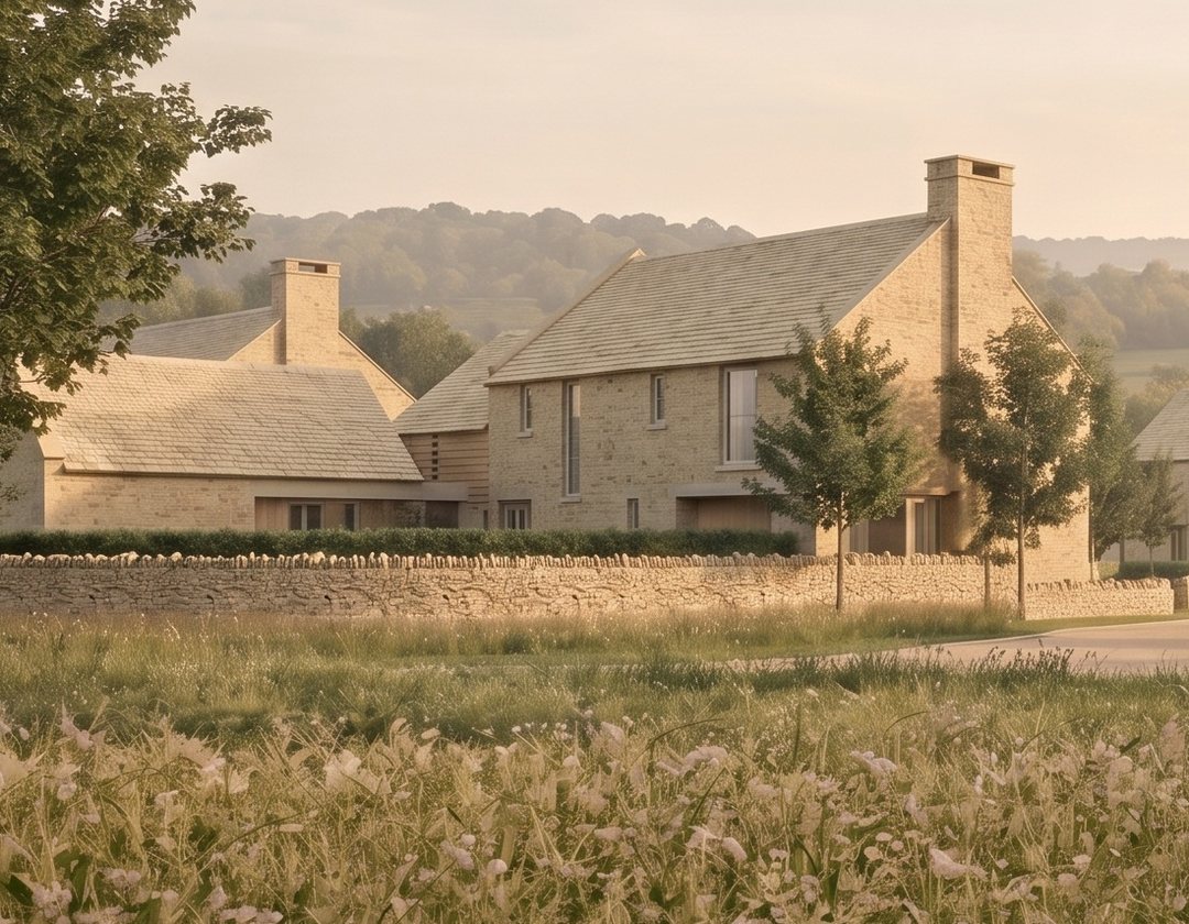 Visualisation of the consented scheme at Oakridge Lynch: gabled Cotswold stone houses behind a dry-stone wall, with a wildflower meadow in front and wooded valley slopes behind