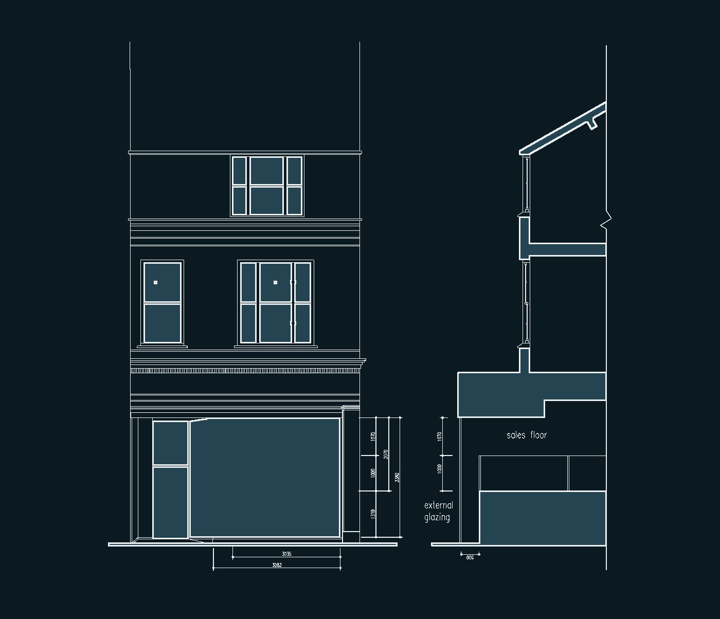 Rickett Architects drawing of 82A The Promenade, Cheltenham, shown light on a dark ground: the front elevation at 1:50 with the shopfront, first and second floor sash windows and the attic storey above, set beside Section AA through the building