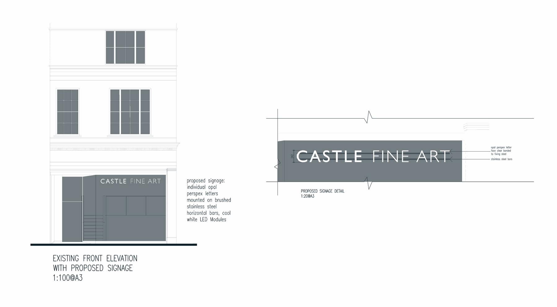 Rickett Architects drawing of 82A The Promenade, Cheltenham: the front elevation with the proposed Castle Fine Art fascia shown on the shopfront, set with the signage detail at 1:20 annotated opal perspex letter faces clear bonded to fixing steel, mounted on brushed stainless steel bars