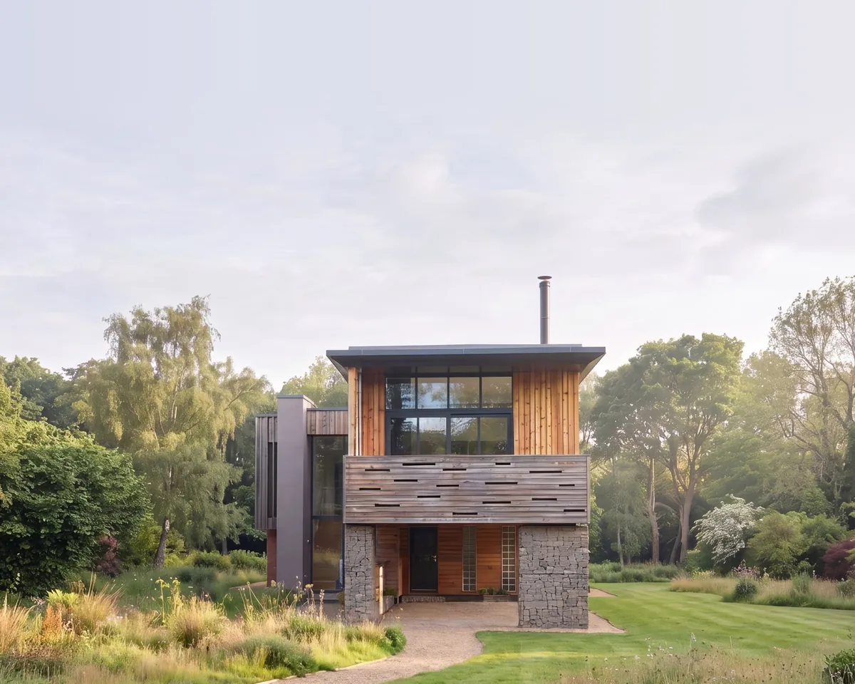 Computer-enhanced image of a private house at Weedon, Northamptonshire: a two-storey timber-clad house on a stone plinth, its upper floor cantilevered forward, standing in a wild garden.