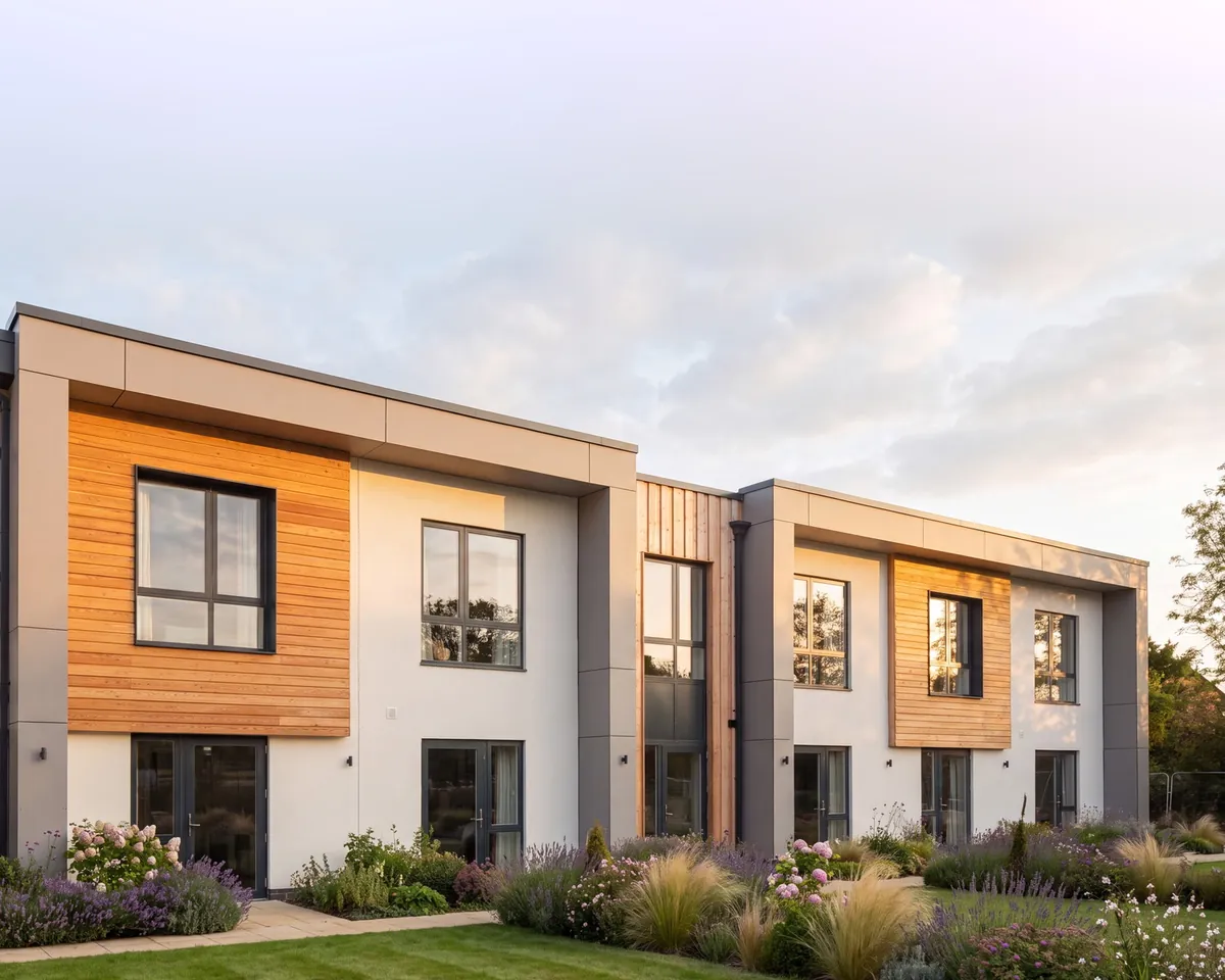 Enhanced photograph of the care home at Brackley: a two-storey rendered building with cedar-clad bays and a deep fascia, its frontage seen across the planted garden at sunset.