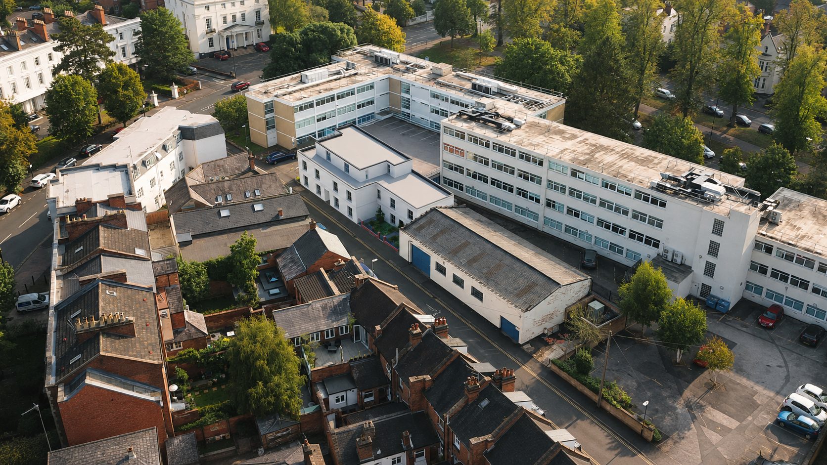 Aerial visualisation of the completed scheme at 16 Cross Street, Royal Leamington Spa: the white rendered apartment building seen from above with its top floor stepped back on every side, a small planted garden at its Cross Street frontage, the neighbouring car park and four-storey office block behind it, and the terraced houses of Cross Street opposite