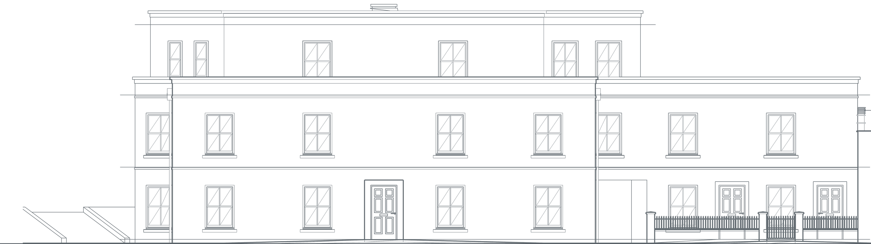 Rickett Architects proposed Cross Street elevation for 16 Cross Street, Royal Leamington Spa: a symmetrical three-storey white rendered frontage with regular sliding-sash windows and stone cills, a central panelled door, a moulded cornice band, a set-back top floor, and a lower eastern range with low railings and rendered gate piers