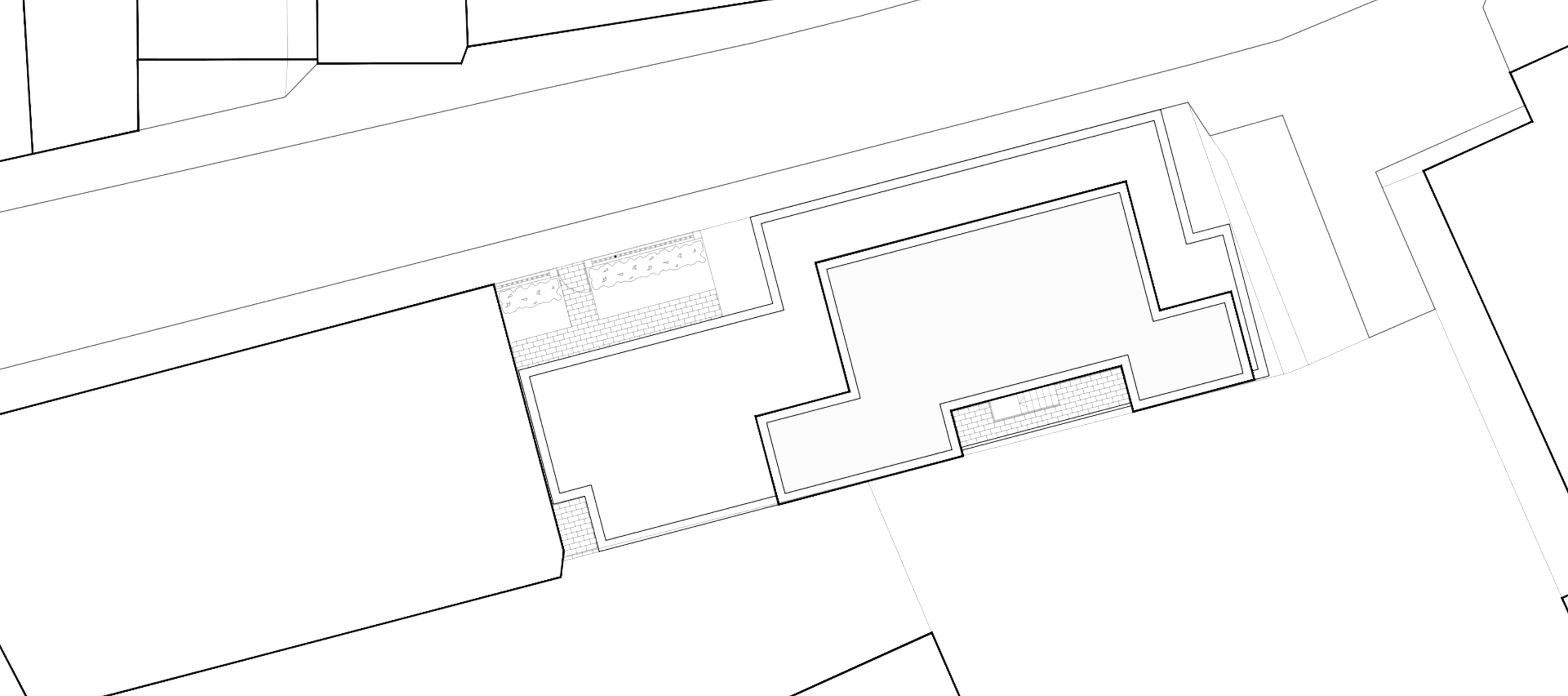 Rickett Architects proposed site plan for 16 Cross Street, Royal Leamington Spa: the three-storey apartment building filling the tight infill plot edge to edge along Cross Street, with the small internal rear courtyard and a bin and cycle store, drawn against the surveyed outlines of the neighbouring properties and the adjoining car park