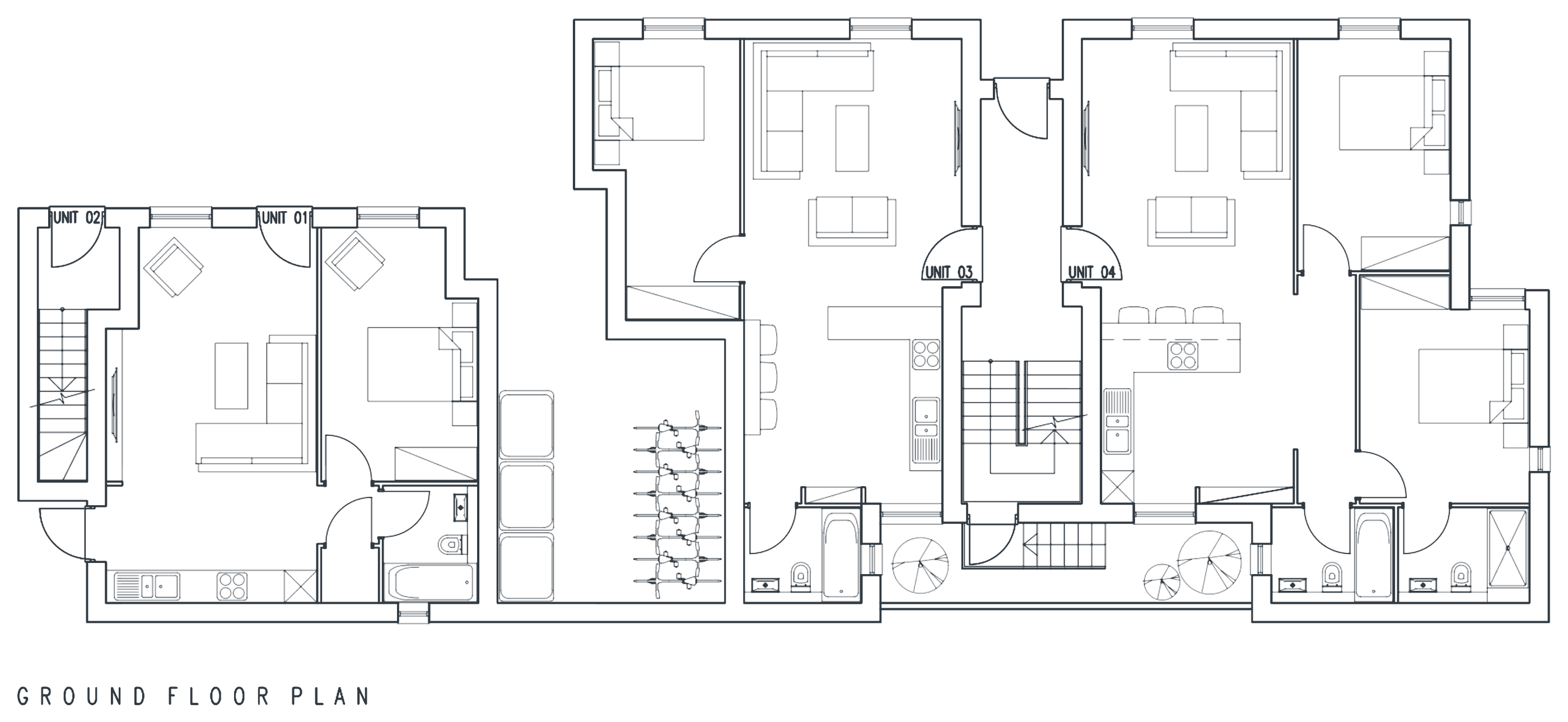 Rickett Architects ground floor plan for 16 Cross Street, Royal Leamington Spa: apartments with living rooms and bedrooms to the Cross Street frontage, a central stair, a secure cycle and bin store, and bathrooms to the rear off the courtyard