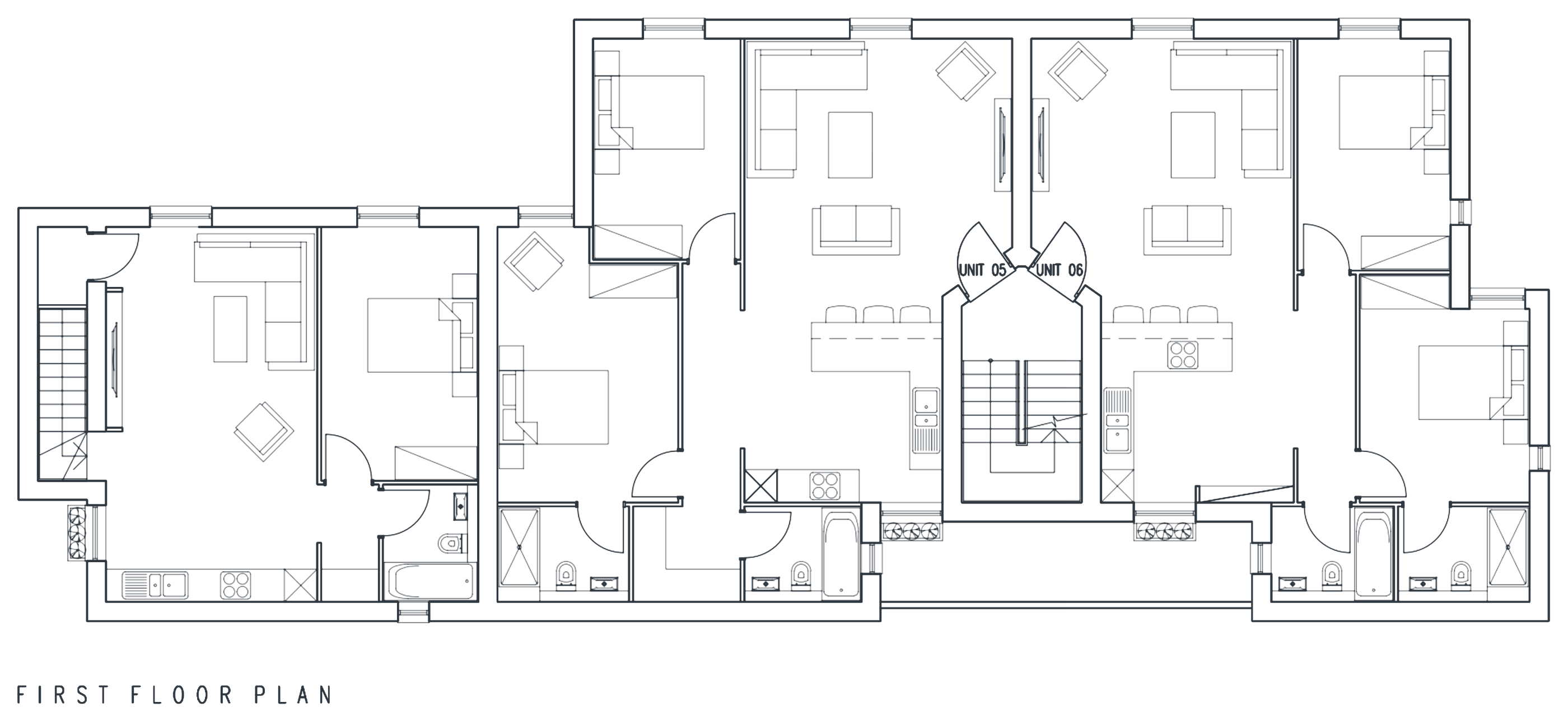 Rickett Architects first floor plan for 16 Cross Street, Royal Leamington Spa: apartments arranged either side of the central stair, with living rooms and bedrooms to the Cross Street frontage and the rear courtyard forming a quiet, openable rear facade