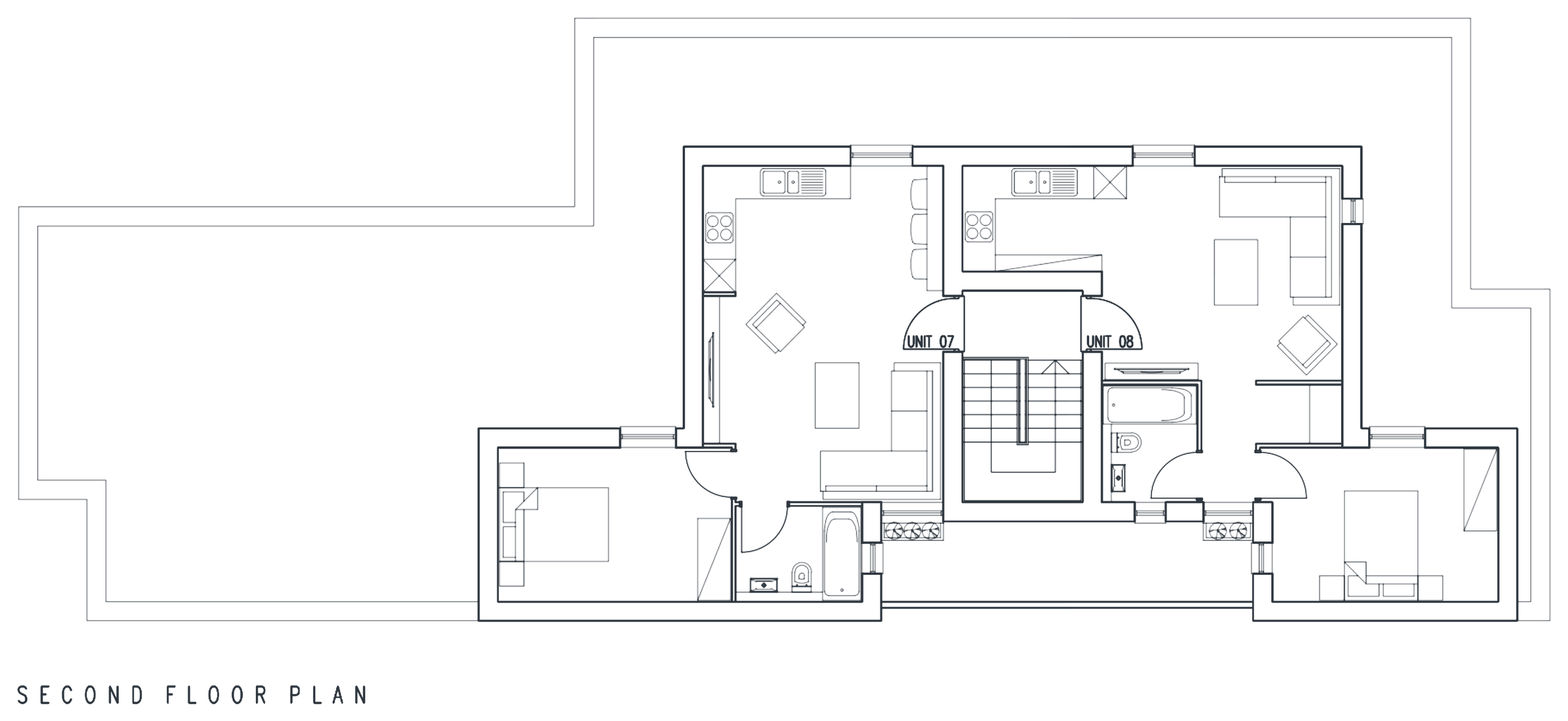 Rickett Architects second floor plan for 16 Cross Street, Royal Leamington Spa: two apartments on the top floor set well back behind the parapet so the street reads at two storeys, with the roof of the floors below shown around them