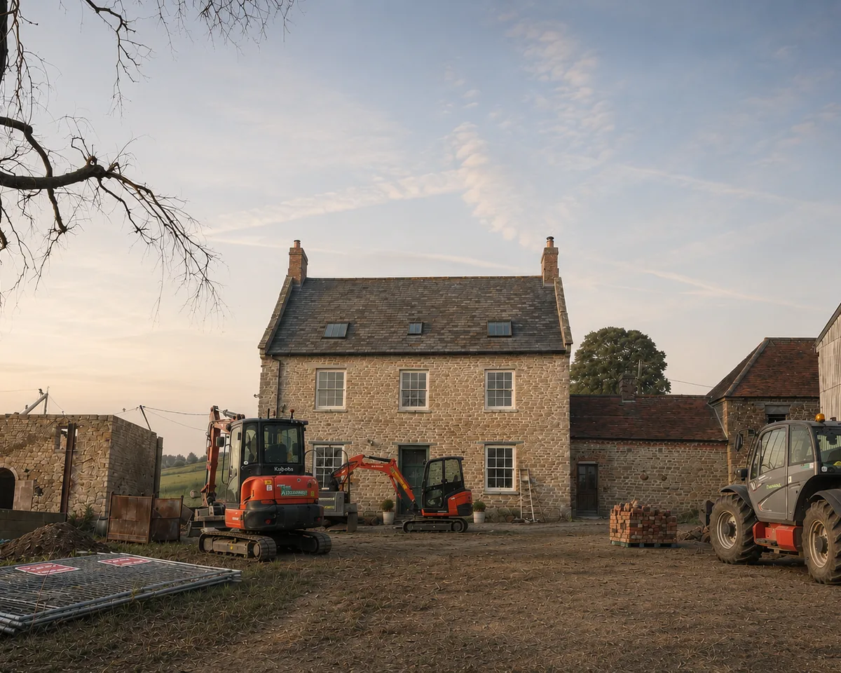 Enhanced photograph of Barby Wood Farmhouse under construction: a late-eighteenth-century coursed ironstone farmhouse with two brick chimneys and twelve-pane sash windows, tracked excavators and a telehandler standing on the farmyard in front of it, stacked bricks and site fencing to either side, and the roofless stone outbuilding awaiting repair on the left.