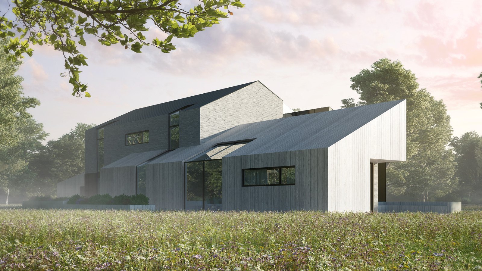 A computer-generated image of the house at design stage, seen across a wildflower meadow at dusk: a long form with a pale gable, standing-seam roofs, a glazed link and a timber-clad wing.
