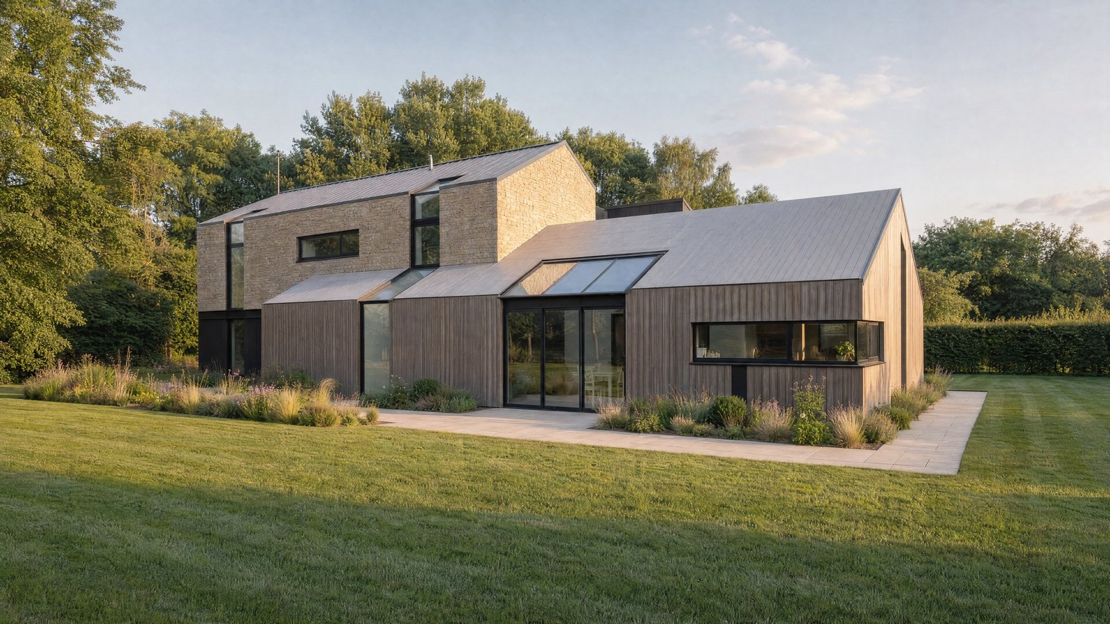 A photograph of the same house completed, from the same viewpoint in evening light: coursed stone gable, vertical timber cladding weathered to grey, standing-seam metal roofs, and planting along the terrace.