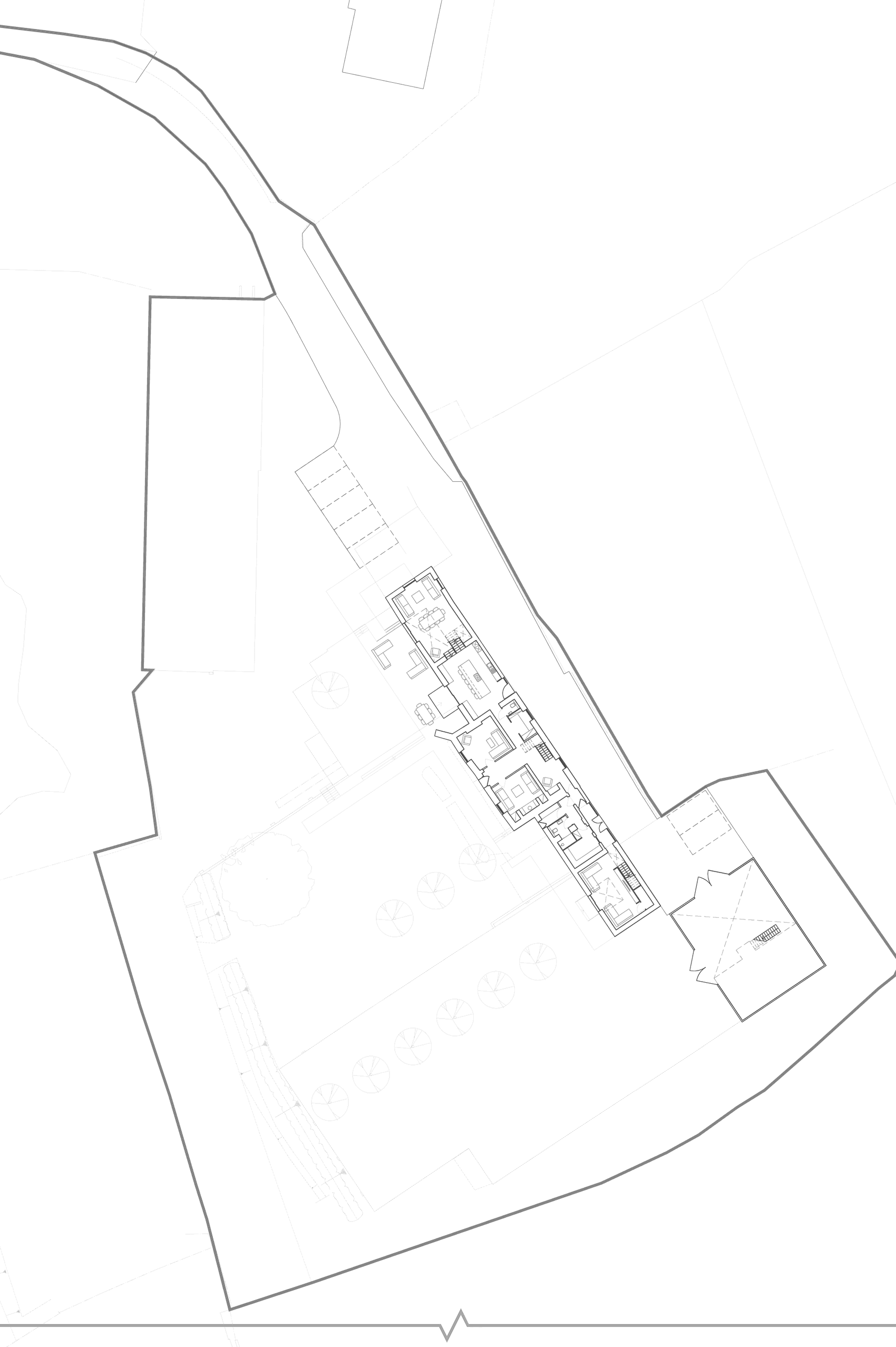 Rickett Architects proposed site plan for Barby Wood Farmhouse: the restored farmhouse and its three converted outbuildings arranged around garden courtyards within a large rural plot, the modern steel-framed sheds removed, and the existing access track running in from Onley Lane to designated parking