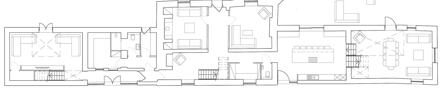 Rickett Architects proposed ground floor plan for Barby Wood Farmhouse, drawn as one long linear plan: the farmhouse rooms and staircase at the centre, the former dovecote converted to a cinema room at one end, and the rebuilt kitchen link and the grain barn living and dining room at the other