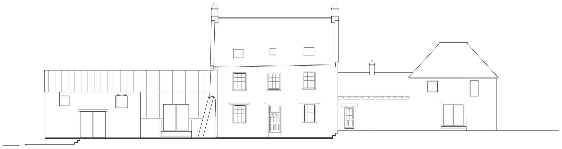 Rickett Architects proposed front elevation for Barby Wood Farmhouse: the central three-bay, two-storey-plus-attic ironstone farmhouse with twin chimneys, twelve-pane sash windows and a panelled central door, flanked by the lower converted outbuildings with the hipped former dovecote at one end, drawn as a single continuous frontage