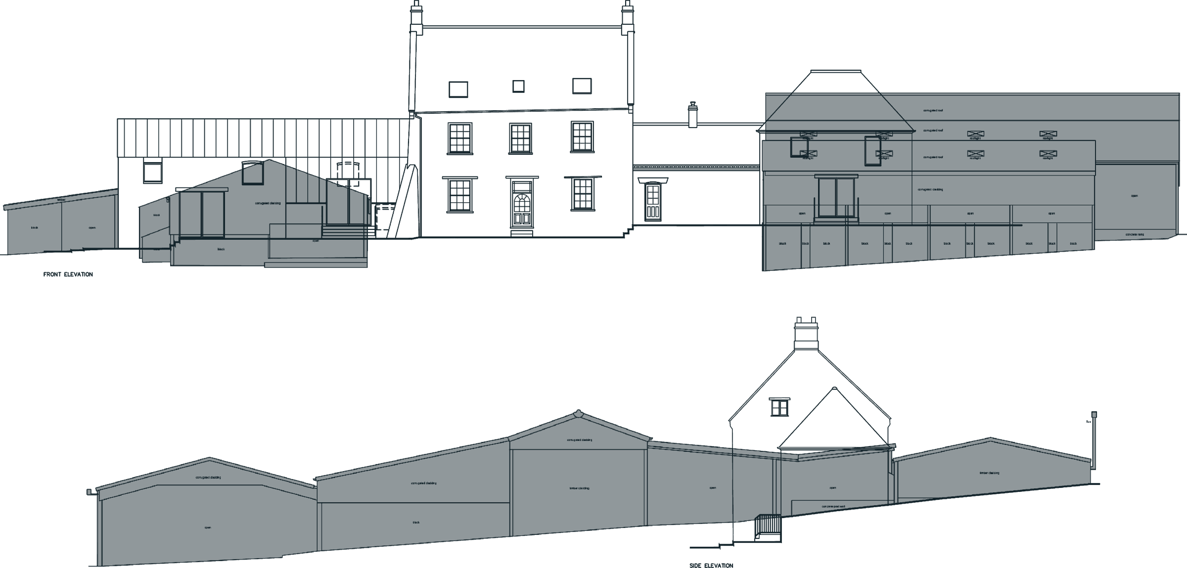 Rickett Architects scale and massing comparison for Barby Wood Farmhouse: the existing farmstead drawn as a solid grey silhouette with the consented scheme overlaid in line, shown as a front elevation above and a side elevation below. The grey modern outbuildings stand well proud of the proposed line at both ends, and the side elevation shows a long low range of sheds stepping up the slope beside the much smaller listed farmhouse gable
