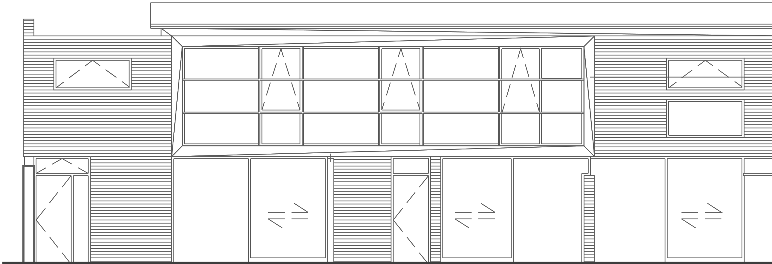 Rickett Architects proposed front elevation of the house on Kenilworth Road, Royal Leamington Spa: a long horizontal composition with a continuous band of glazing to the upper storey, full height openings at ground level, and clad flanking blocks either side beneath a shallow mono-pitch roof