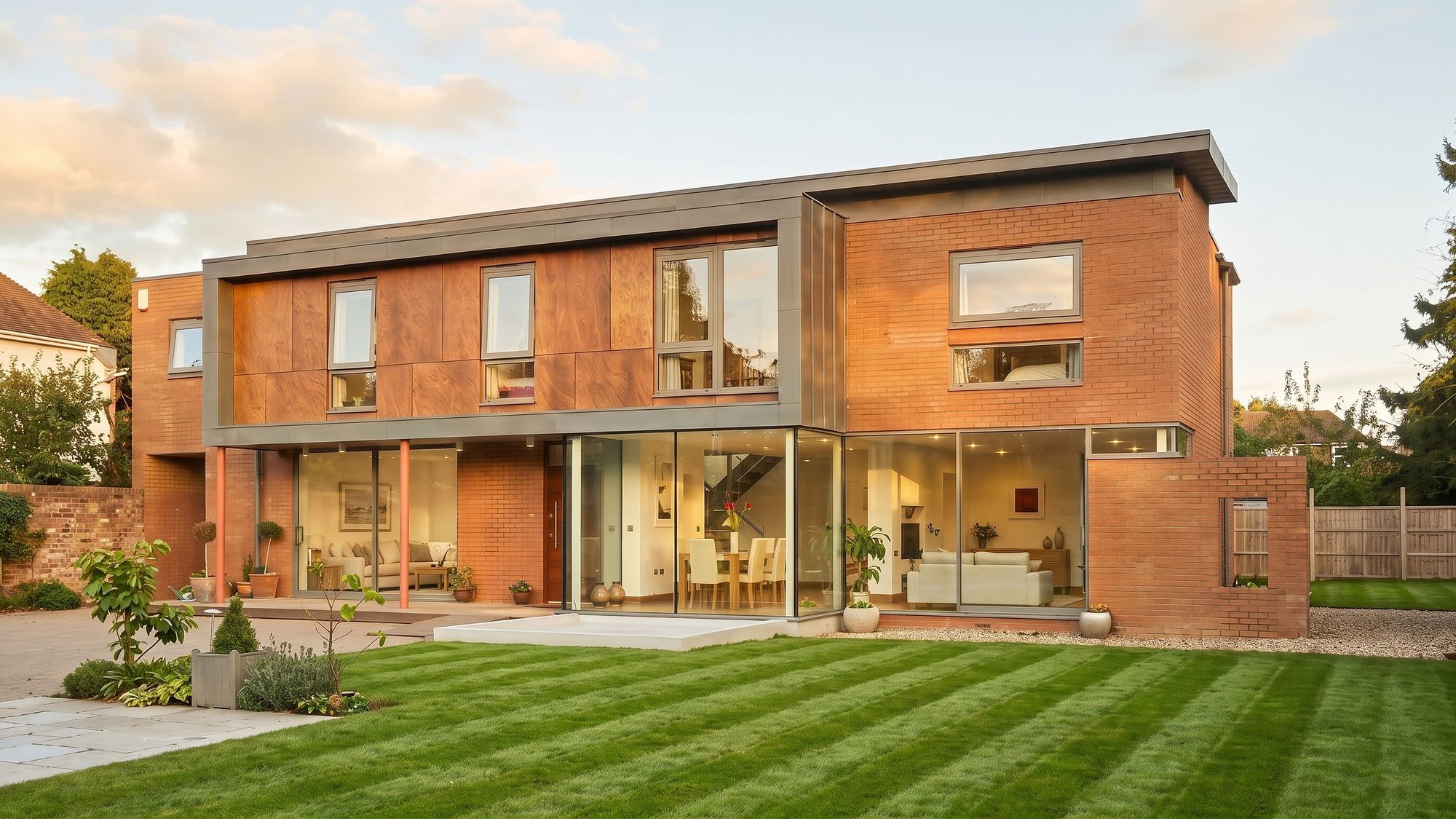 The completed contemporary house on Kenilworth Road, Royal Leamington Spa, seen across its garden in low evening light: an upper storey of figured timber rainscreen and red brick carried on a preweathered zinc band, cantilevered over a recessed ground floor of full height glazing, with a striped lawn in front