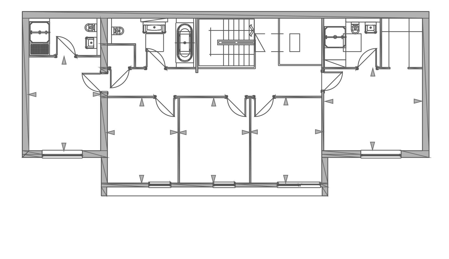 Rickett Architects first floor plan of the house on Kenilworth Road, Royal Leamington Spa: five bedrooms arranged around a central landing, the principal suite with a dressing room and en-suite, further en-suites and a family bathroom