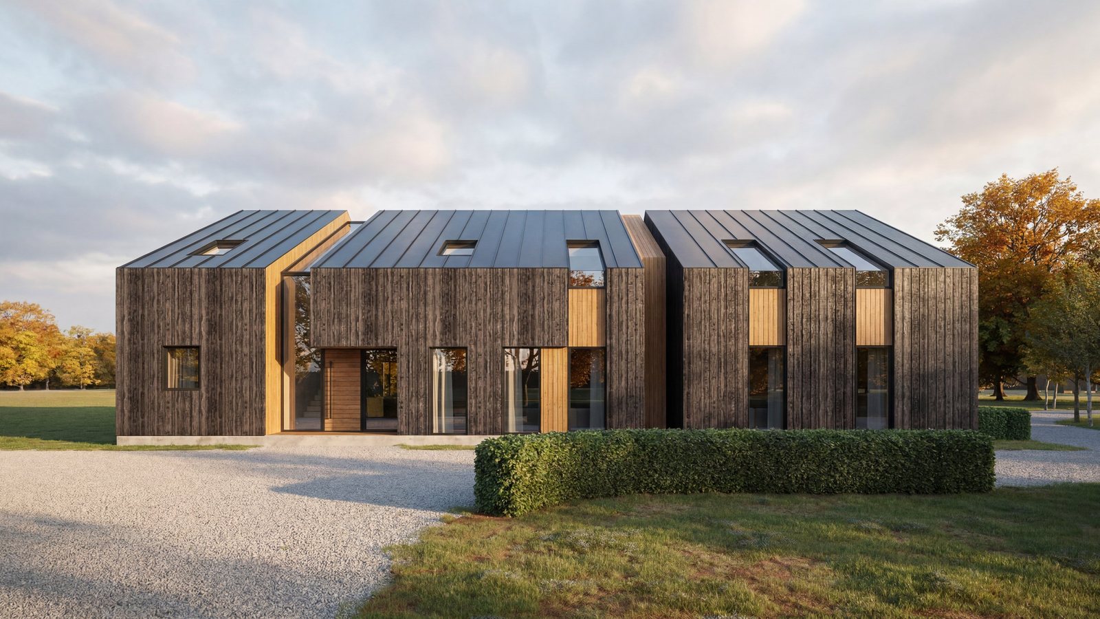 A visualisation of the consented scheme: three linked gabled forms clad in dark weathered timber with lighter timber reveals, standing-seam metal roofs, full-height glazing and rooflights, behind a clipped hedge on a gravel drive.