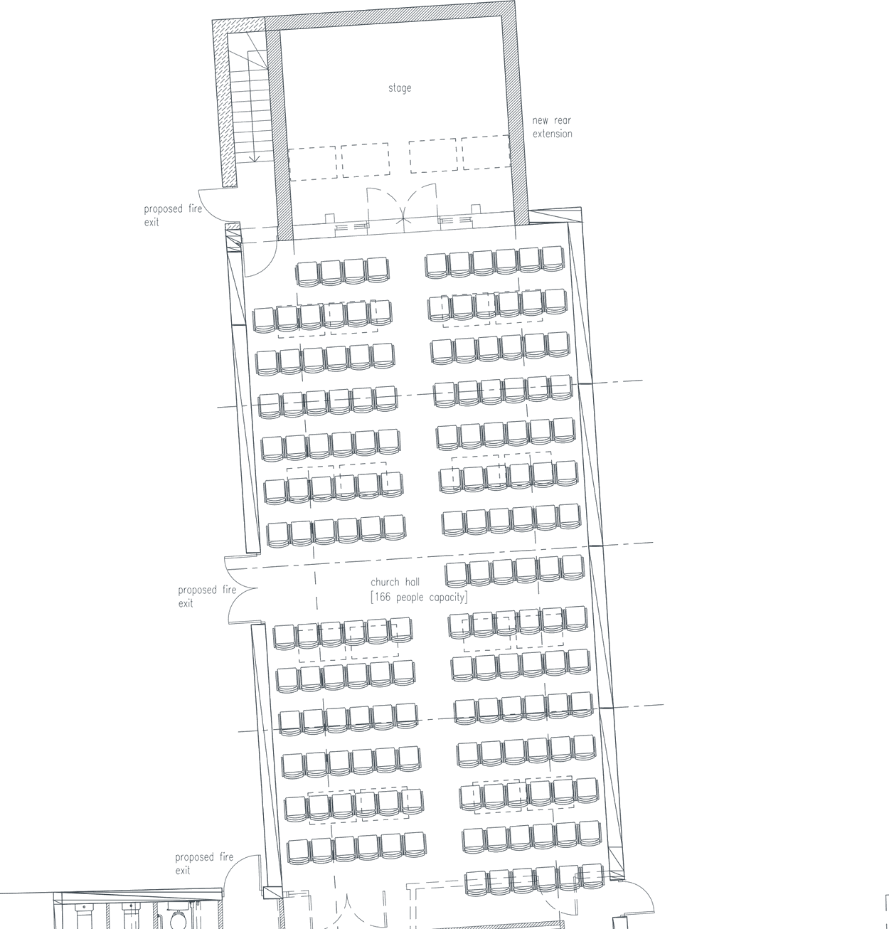 The hall from Rickett Architects proposed ground floor plan for 2 Priory Terrace, Royal Leamington Spa: rows of seating either side of a central aisle, the new stage and rear extension at the top of the drawing, and three proposed fire exits marked along the flanks