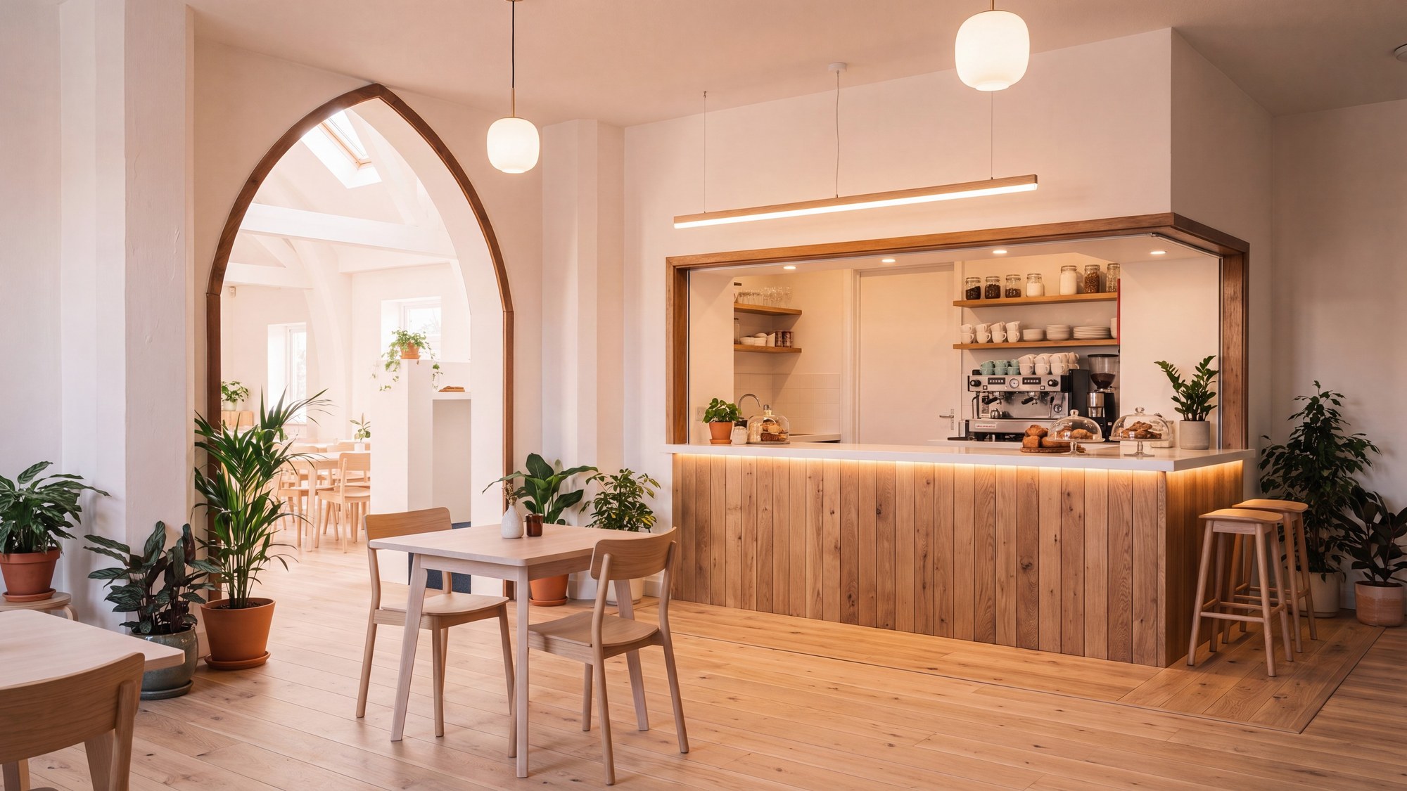 An illustrative view of the reordered church hall at 2 Priory Terrace, Royal Leamington Spa, dressed as a community cafe: a timber serving counter and servery to the right, pale timber flooring, tables and chairs, and the existing pointed gothic arch retained on the left leading through to the hall beyond