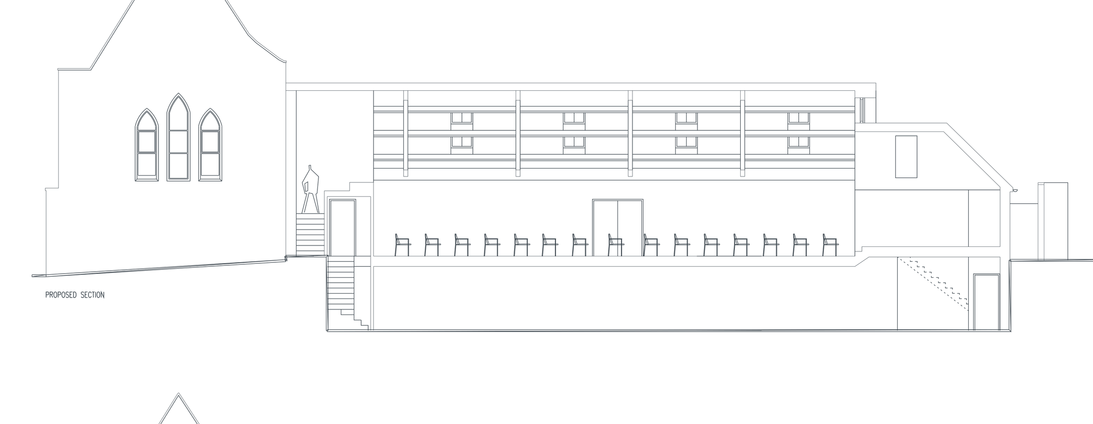 Rickett Architects proposed section through 2 Priory Terrace, Royal Leamington Spa: the existing church with its gothic windows at the left, the church hall with seating and its arched roof structure, the new subterranean basement store running beneath the hall floor with an escape stair, and the single-storey rear extension at the right