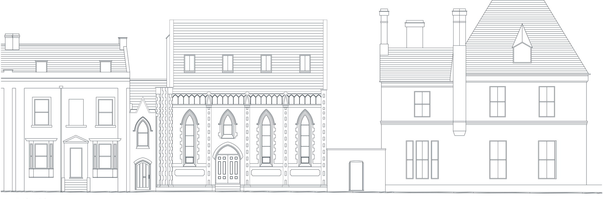Rickett Architects proposed front elevation for 2 Priory Terrace, Royal Leamington Spa: the gothic church frontage with its pointed arched windows and arcaded front, shown between a rendered Georgian terraced house to the left and a larger gabled villa with chimney stacks to the right, all drawn in line