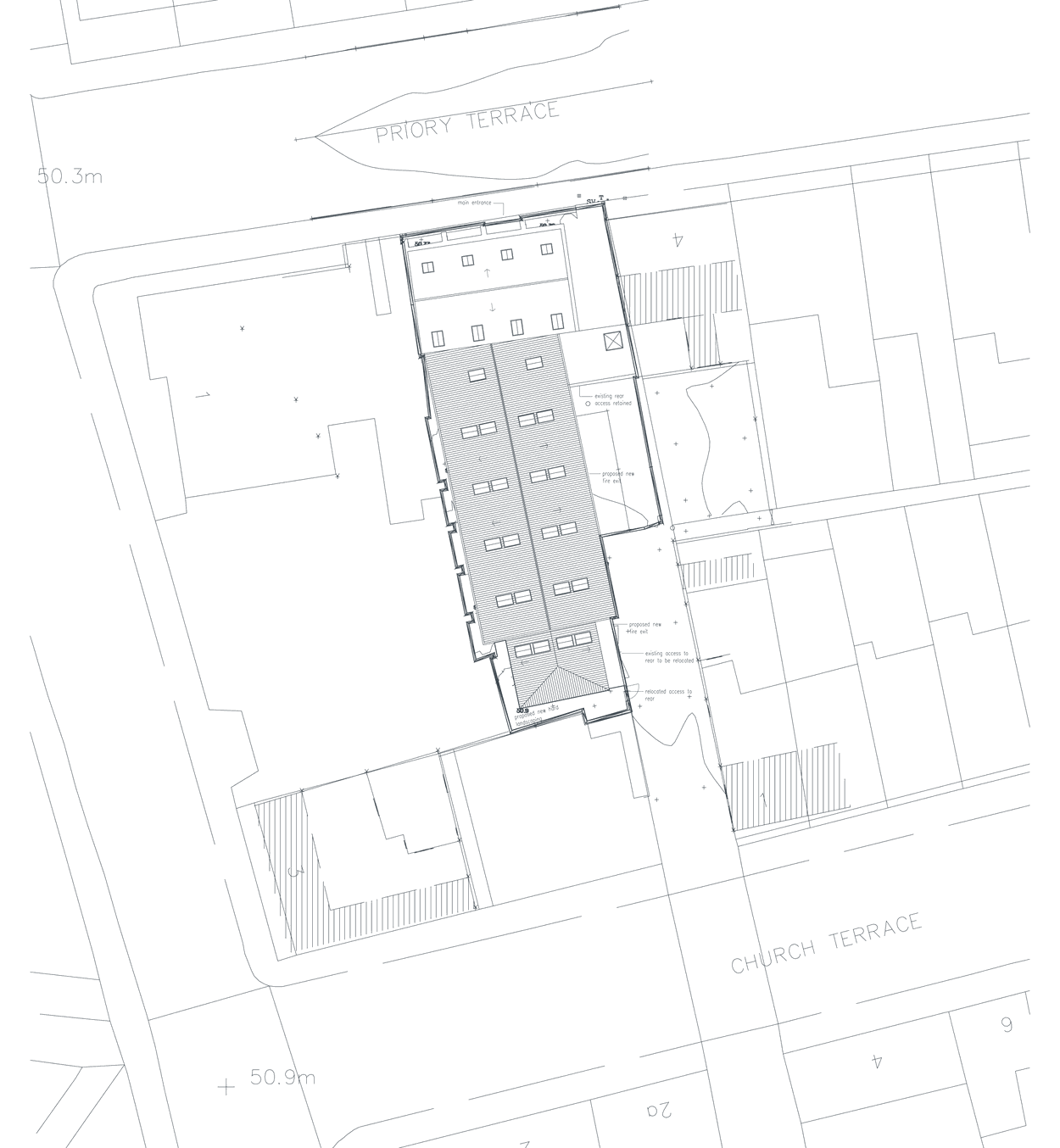 Rickett Architects proposed site plan for 2 Priory Terrace, Royal Leamington Spa: a long narrow plot running back from Priory Terrace at the top to Church Terrace at the bottom, the church and its hall shaded along the length of it, with neighbouring buildings drawn tight against both boundaries