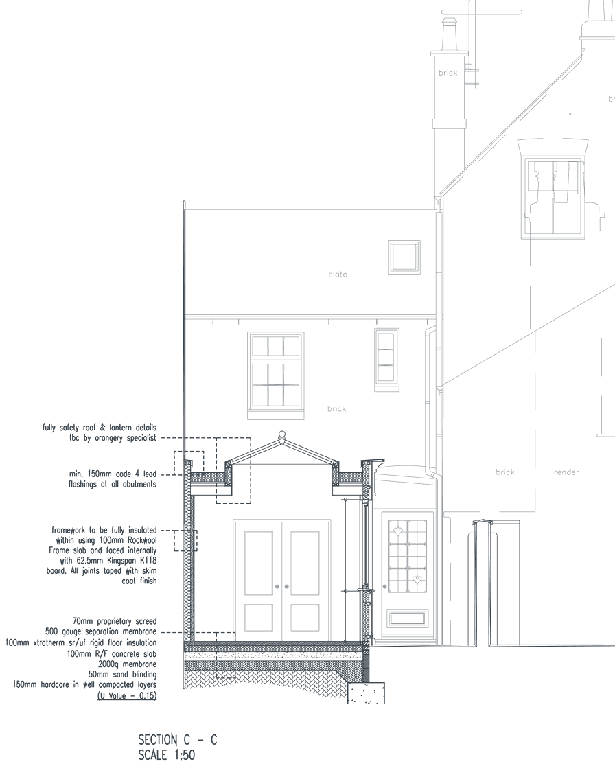 Rickett Architects proposed section through the orangery of a Grade II listed Regency house in Royal Leamington Spa: the glazed garden room with a central roof lantern set against the rear wall of the listed house, double doors into the existing room, and the annotated floor build-up of screed, membrane, insulation and slab below