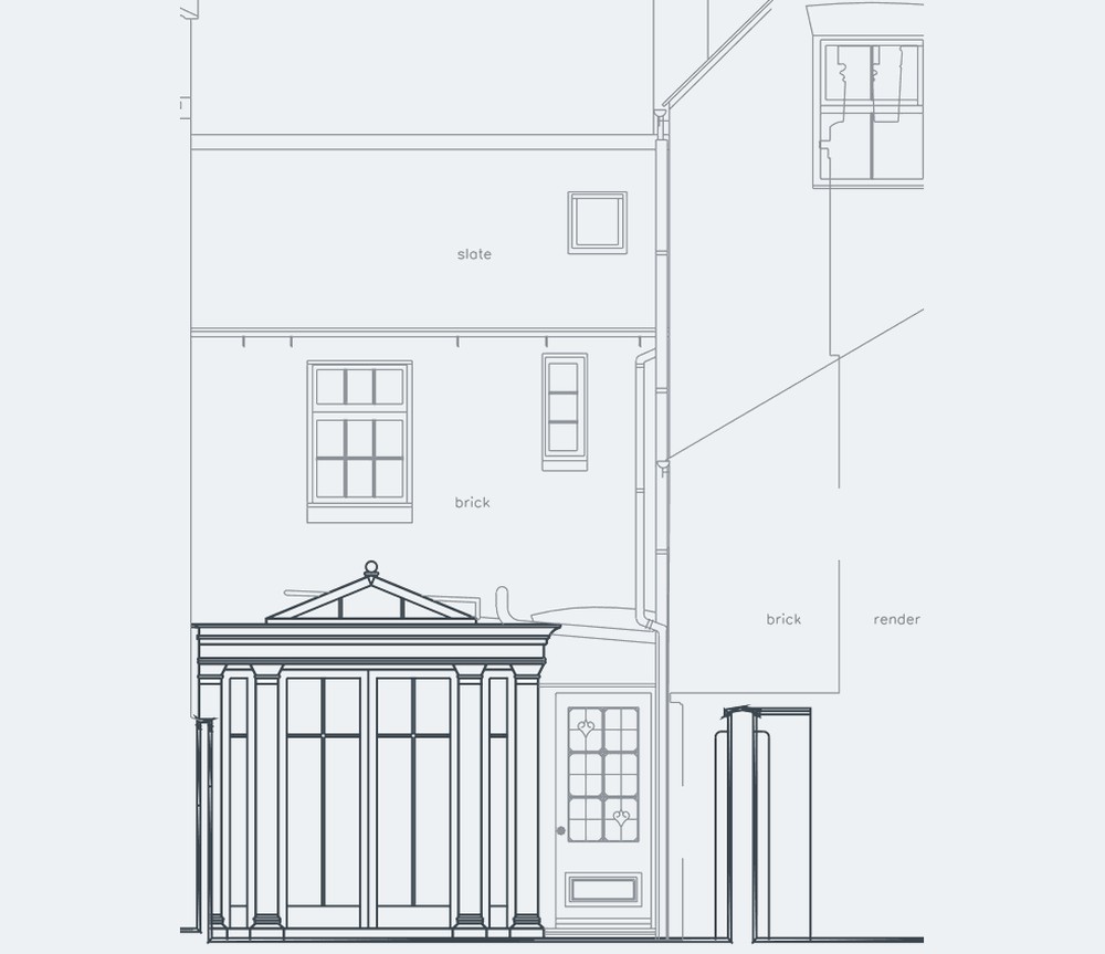 Detail of the Rickett Architects rear elevation drawing: the proposed orangery with its pedimented glazed front and central roof lantern, set against the rear wall of the Grade II listed Regency house