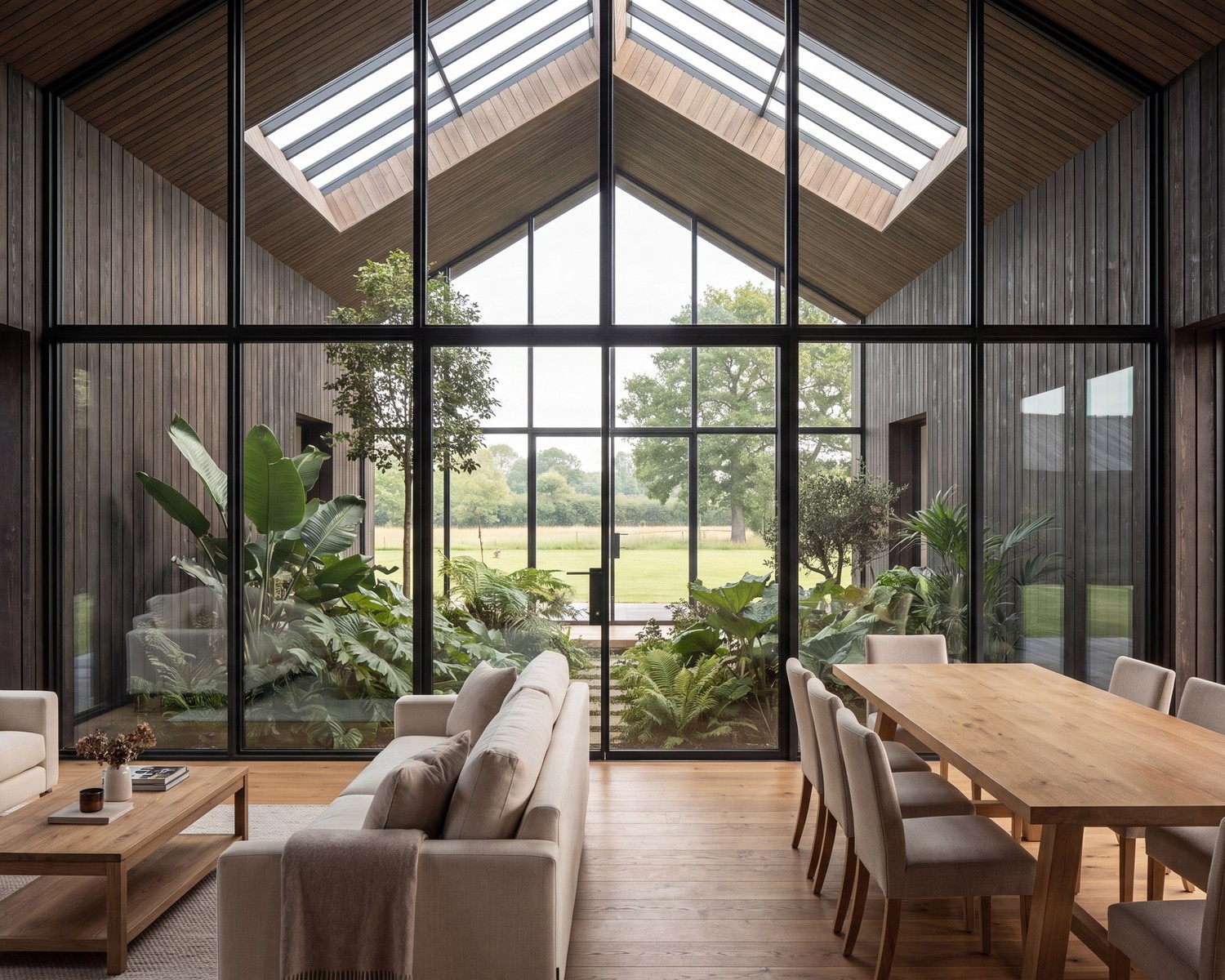 Visualisation of the interior of the converted barn at Earlswood: a double-height living room under a glazed gable and rooflights, dark timber walls, and a planted courtyard beyond the glazing.