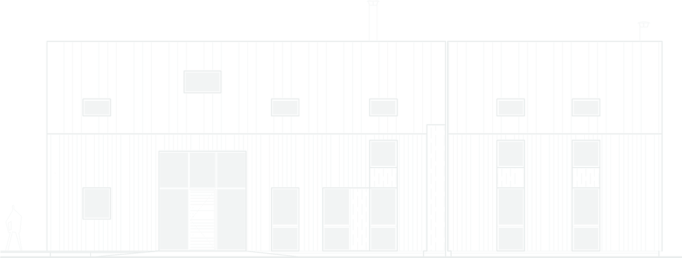 Our front elevation drawing of the converted barn at Earlswood, showing the two houses within one clad shell, their tall glazed entrances, the flues above the ridge and a figure drawn for scale.