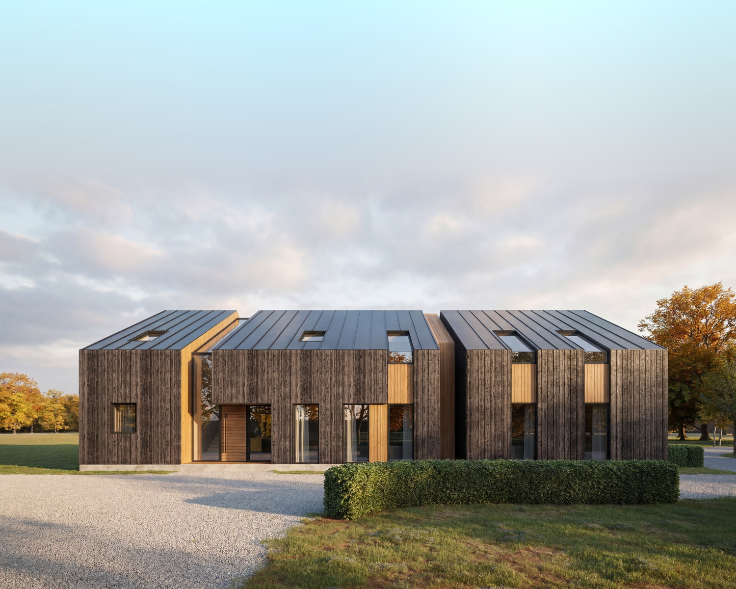 Visualisation of the converted barn at Earlswood: a long timber-clad building with a shallow metal roof, its two front doors set into bays of pale oak, behind a clipped hedge and a gravel drive.
