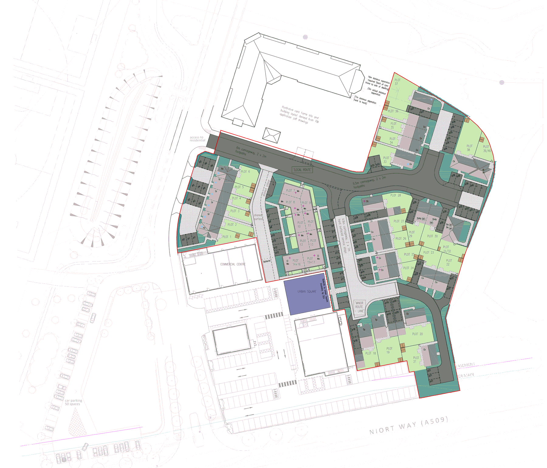 The approved reserved matters site layout for Land Parcel R4B at Glenvale Park, Wellingborough: 40 numbered plots inside a red parcel boundary, arranged around an internal road hierarchy with an urban square, private gardens shown in green, the care home plot to the north, the commercial centre and car parking to the west and the Niort Way frontage to the south