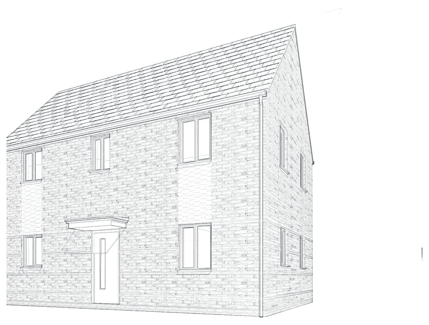 Line drawing of the Cookstown house type at Glenvale Park, Wellingborough: a three bedroom detached brick house drawn in perspective, with a pitched tiled roof, a canopy porch over the front door and window openings set in coursed brickwork