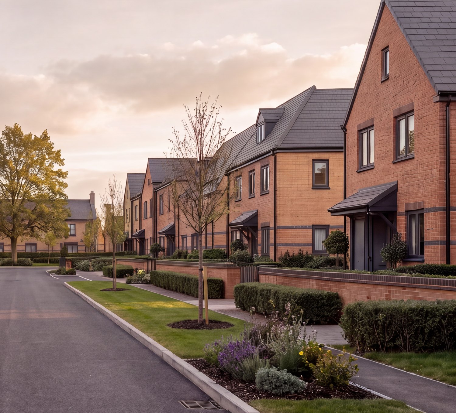 The eastern side of Land Parcel R4B at Glenvale Park, Wellingborough: a terrace of buff and red brick houses with dark grey roofs, canopied entrances and blue brick banding, behind a low red brick boundary wall with a blue engineering brick capping course and dark grey estate railings, with a mown grass verge, a young staked street tree in a mulched ring, shrub and lavender beds and a concrete slab footway alongside the new carriageway