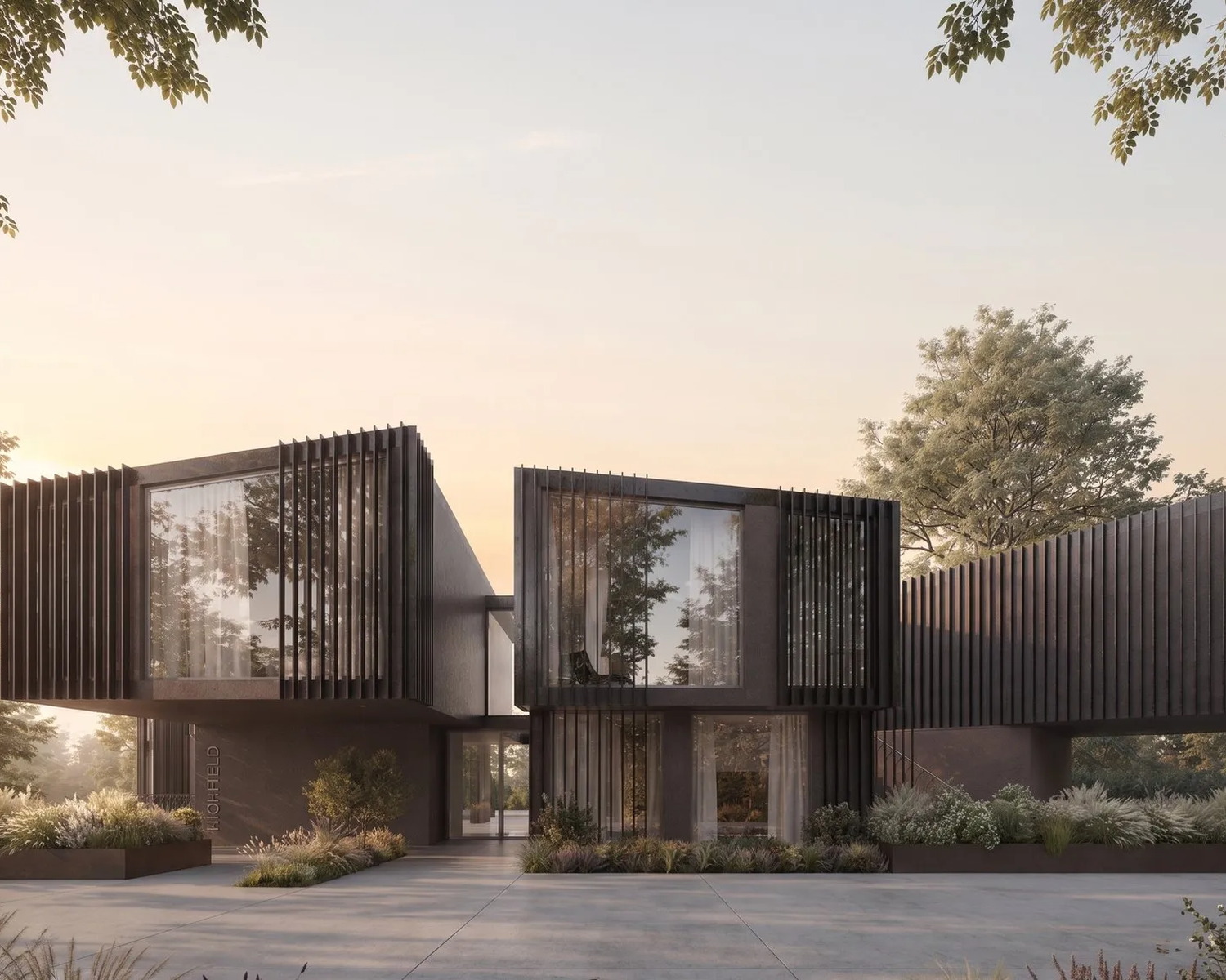 Visualisation of The Highfield, Kenilworth, by Rickett Architects: an apartment building of two projecting timber-finned blocks over a recessed ground floor, seen from the approach between mature trees.