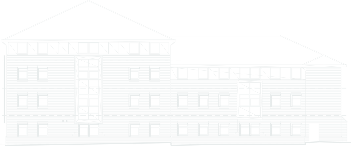 Our street elevation drawing of Sheldon Court, Birmingham, showing the two linked blocks under hipped roofs, the tall projecting entrance feature between them and the ranks of windows across all three storeys.