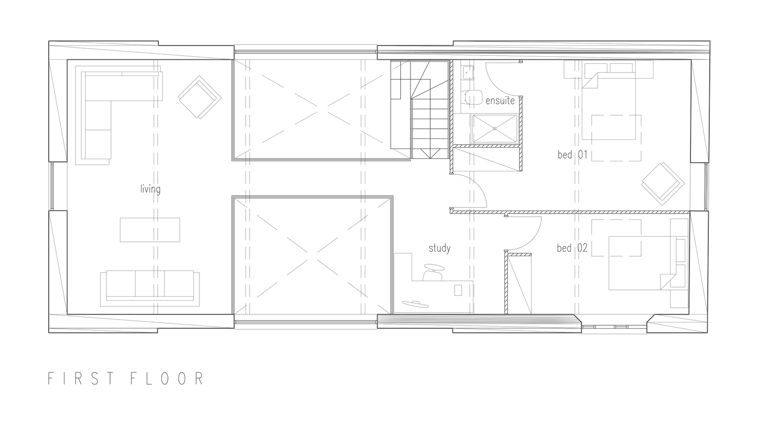 Rickett Architects first floor plan: the living room and study on a mezzanine open to the double-height space below, with two bedrooms and an en suite at the east end