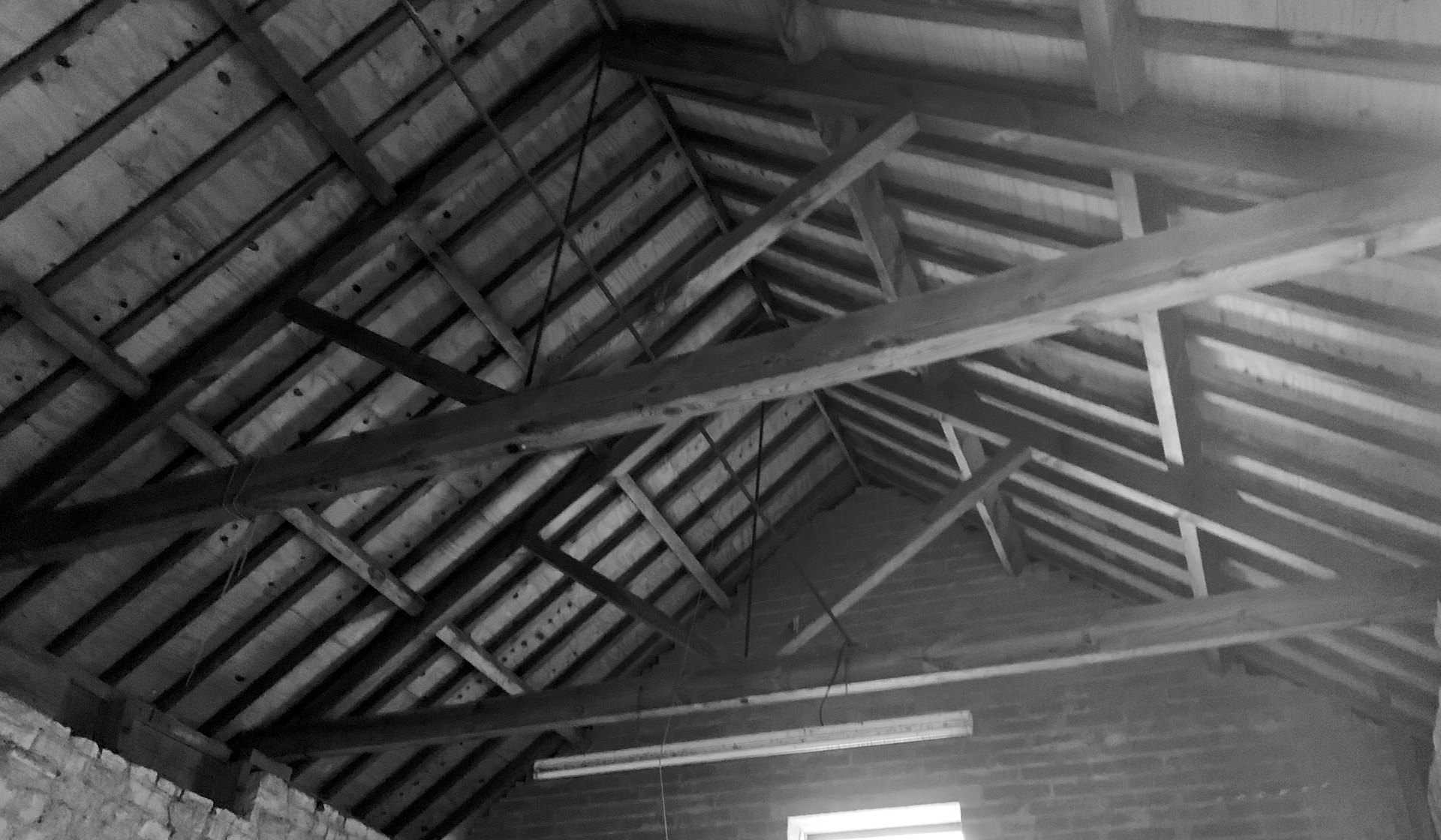 Black and white photograph inside the barn as found, looking up at the traditional timber roof trusses, purlins and rafters above the stone walls