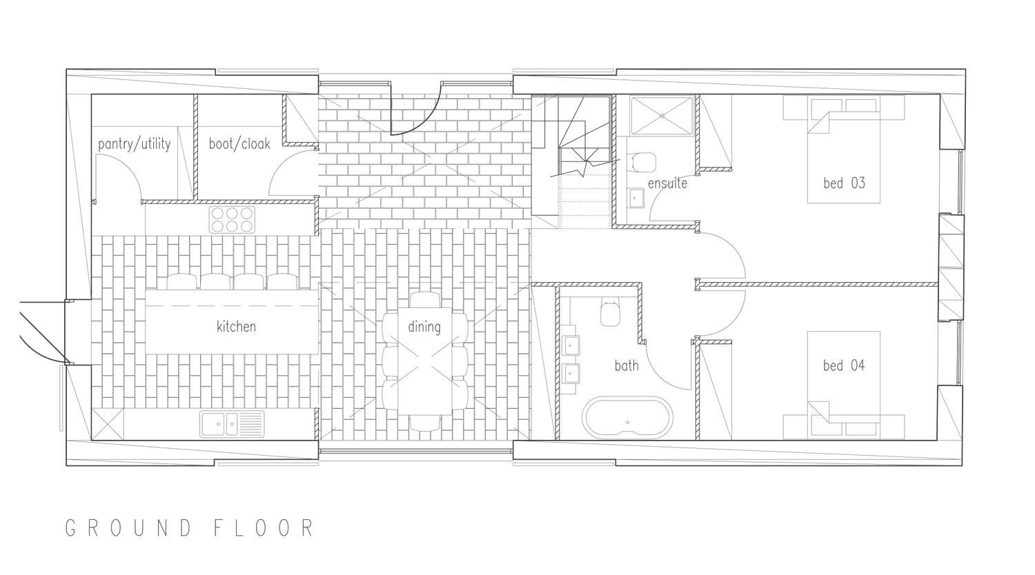 Rickett Architects ground floor plan: pantry, boot room and kitchen at the west end, dining under the double-height space, and two bedrooms with the bathroom grouped at the east end where the existing windows are