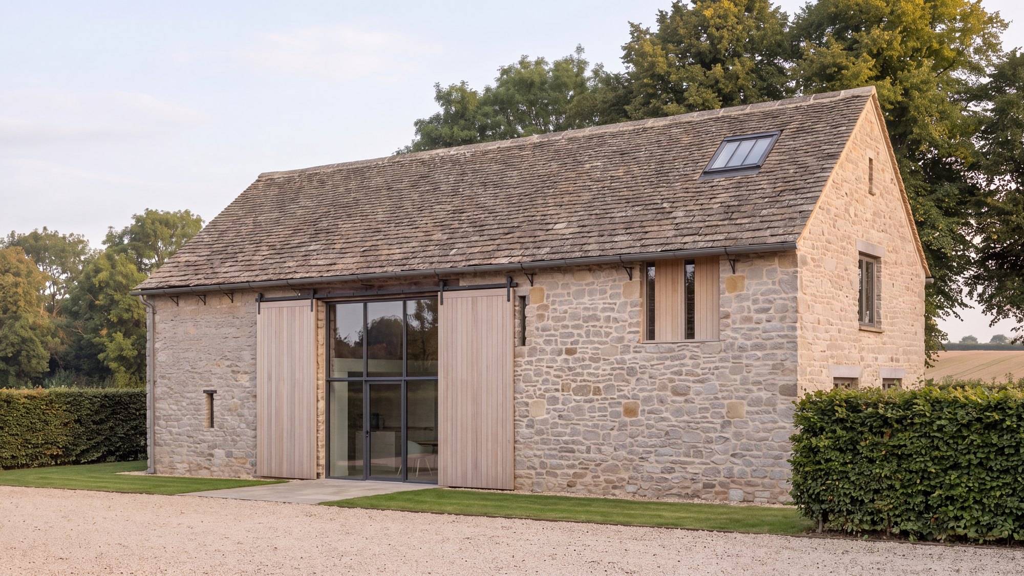 Visualisation of the consented conversion of a white lias stone barn on a South Warwickshire farmstead, seen from the south east: the cleaned and repointed white lias stone barn with its reinstated central opening glazed in dark steel behind two sliding oak screens, the first-floor window group at the east end, and the east gable's three bedroom windows, set against mown lawn, gravel and clipped hedgerows